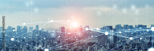 Photography Modern city panorama and wireless communication network concept