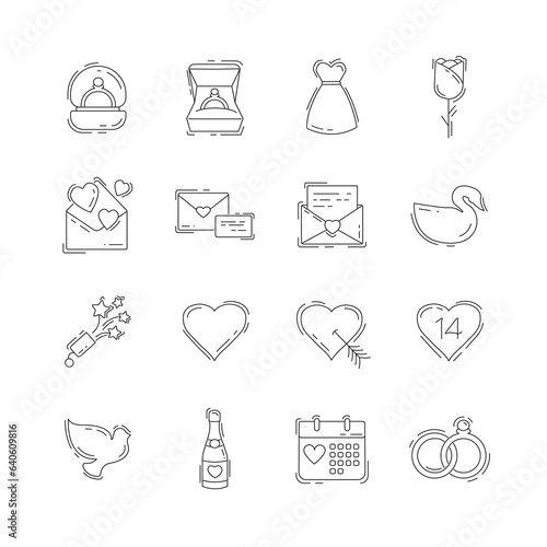 love thin line icon set with bridal dress, ring, heart, event invitation