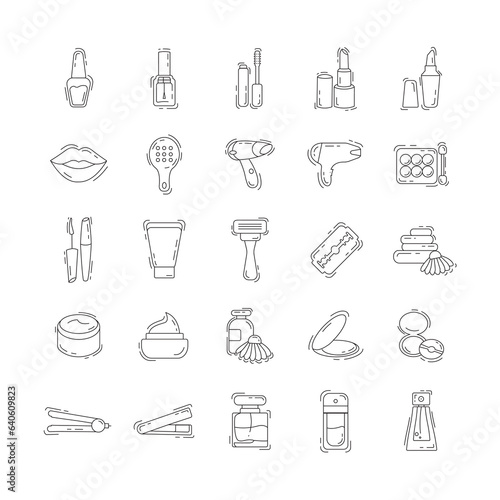 Cosmetic thin line icon set with lipstick, nail polish, mascara for eyes