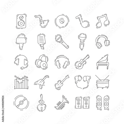 Music thin line icon set with with musical instruments, equalizer, earphones