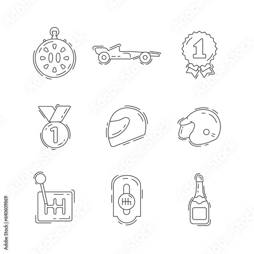 Racing thin line icon set with racing car, helmet, gearbox