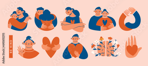 Hugs, embrace. Selfcare, mental health, love yourself, humanism, charity concept. Big set of simple modern clip arts with cute persons, people, friends, lovers, family, heart, brain with flowers. 