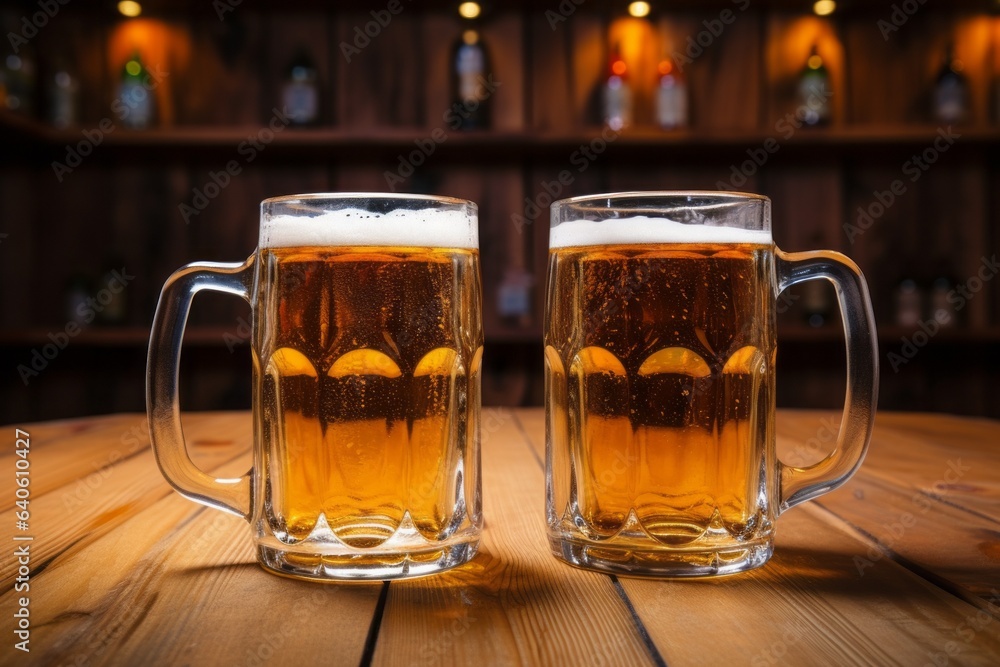 Appetizing delicious golden beer at oktoberfest beer festival. Background with selective focus