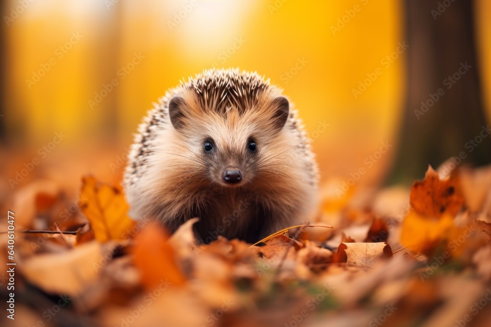 Hedgehog on the back of autumn nature. Background with selective focus and copy space Hedgehog on the back of autumn nature. Background with selective focus and copy space