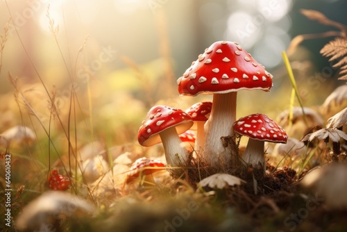 Fly agaric in the autumn forest. Background with selective focus and copy space