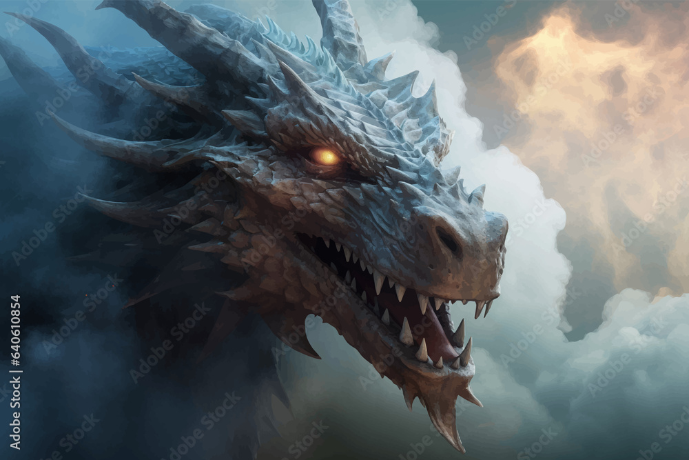 Fantasy dragon in the clouds. Fierce dinosaur in the smoke. Head of a Fantasy Evil dragon with glowing eyes. Mythical creature in the fog. Fearsome. Ancient Fairy tale beast. Monster. 3D Illustration Fantasy dragon in the clouds. Fierce dinosaur in the smoke. Head of a Fantasy Evil dragon with glowing eyes. Mythical creature in the fog. Fearsome. Ancient Fairy tale beast. Monster. 3D Illustration