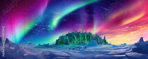 Igloo ice hotel with aurora borealis during magic winter, panorama. Generative Ai. © annamaria