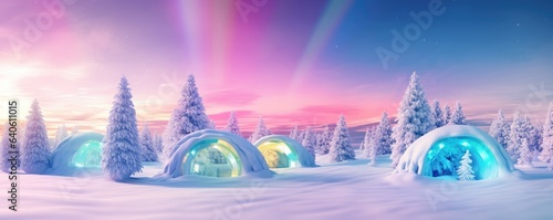 Igloo ice hotel with aurora borealis during magic winter night, panorama. Generative Ai.