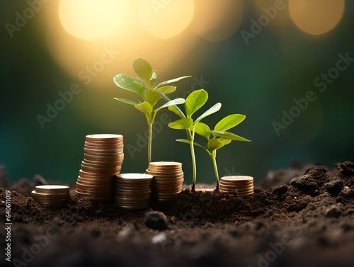 stacks of coins with plant sprout finance growth concept ai generate