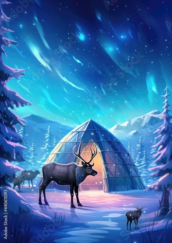 Igloo ice hotel with reindeers and aurora during magic winter night. Generative Ai.