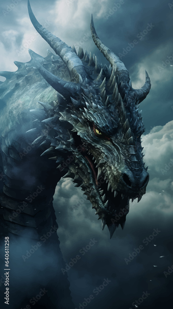 Fantasy dragon in the clouds. Fierce dinosaur in the smoke. Head of a Fantasy Evil dragon with glowing eyes. Mythical creature in the fog. Fearsome. Ancient Fairy tale beast. Monster. 3D Illustration Fantasy dragon in the clouds. Fierce dinosaur in the smoke. Head of a Fantasy Evil dragon with glowing eyes. Mythical creature in the fog. Fearsome. Ancient Fairy tale beast. Monster. 3D Illustration