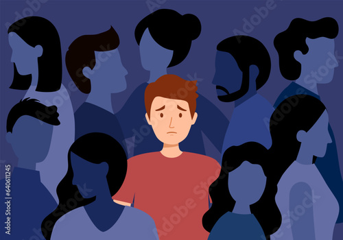Sad man feel lonely in crowd in flat design. Unhappy unique person. Loneliness in crowd.