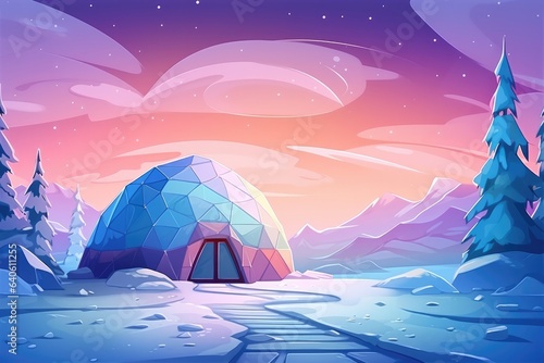 Igloo ice hotel on a snowy plain with sunset during magic winter night. Generative Ai.