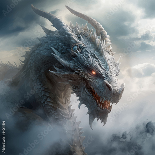 Fantasy dragon in the clouds. Fierce dinosaur in the smoke. Head of a Fantasy Evil dragon with glowing eyes. Mythical creature in the fog. Fearsome. Ancient Fairy tale beast. Monster. 3D Illustration