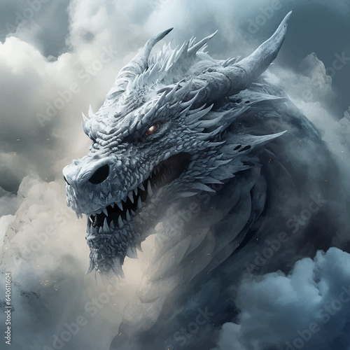 Fantasy dragon in the clouds. Fierce dinosaur in the smoke. Head of a Fantasy Evil dragon with glowing eyes. Mythical creature in the fog. Fearsome. Ancient Fairy tale beast. Monster. 3D Illustration © Zakhariya