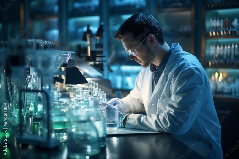 A lab worker conducts experiments. Background with selective focus and copy space A lab worker conducts experiments. Background with selective focus and copy space