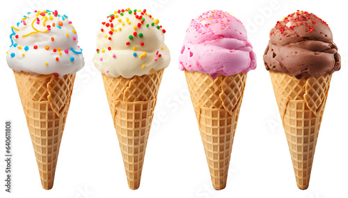 isolated Ice cream scoops on waffle cone PNG with different flavors on white and transparent background cutout, different flavour Mockup template for ice dessert cream advertising concept