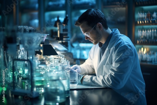 A lab worker conducts experiments. Background with selective focus and copy space