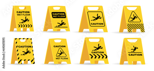 Caution wet floor sign plate. Vector illustration