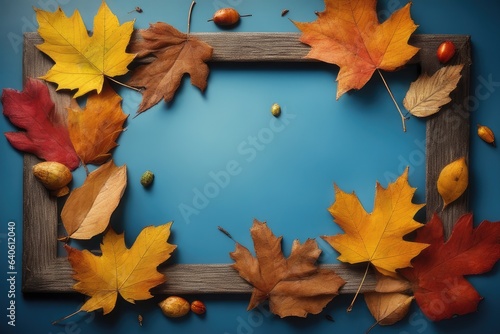 autumn leaves on a blue wooden background