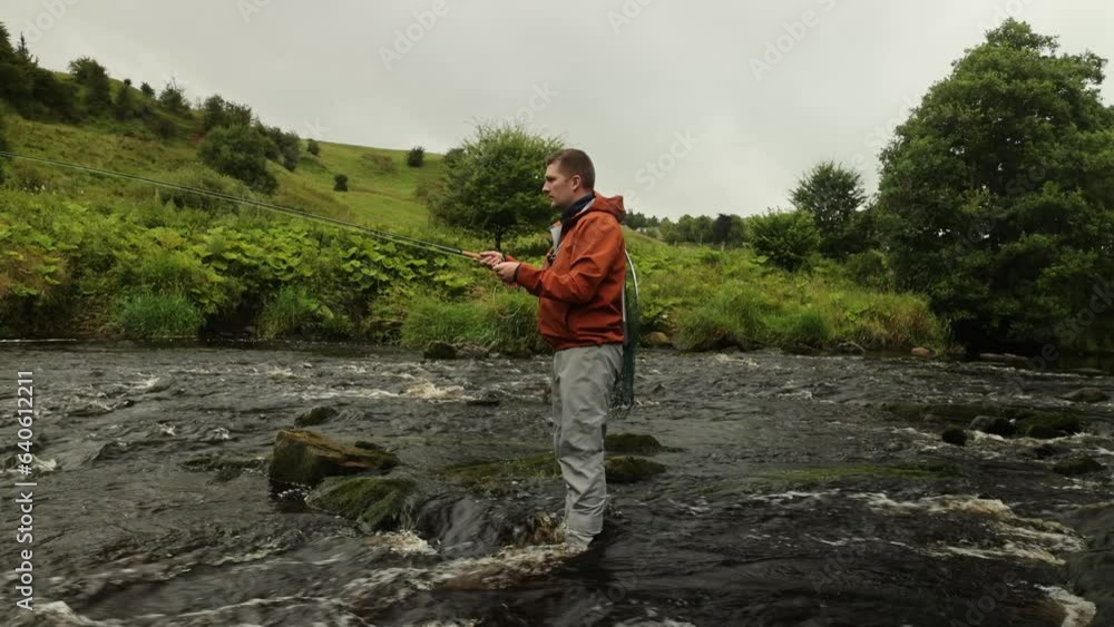 Close-up shot of a flyfisherman casting trying to catch brown trout Close-up shot of a flyfisherman casting trying to catch brown trout