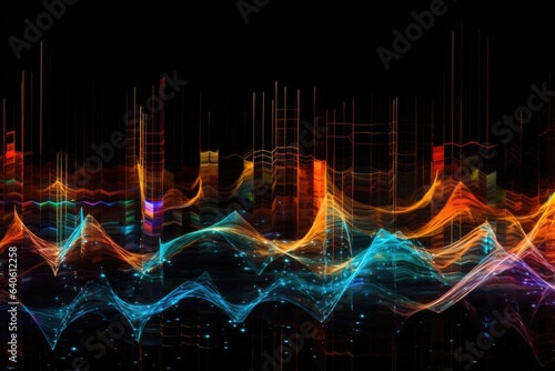 An abstract composition with energy and rhythm of music through a series of dynamic lines and shapes. Movement and vibrations created by musical soundwaves. World music day. Generative AI.