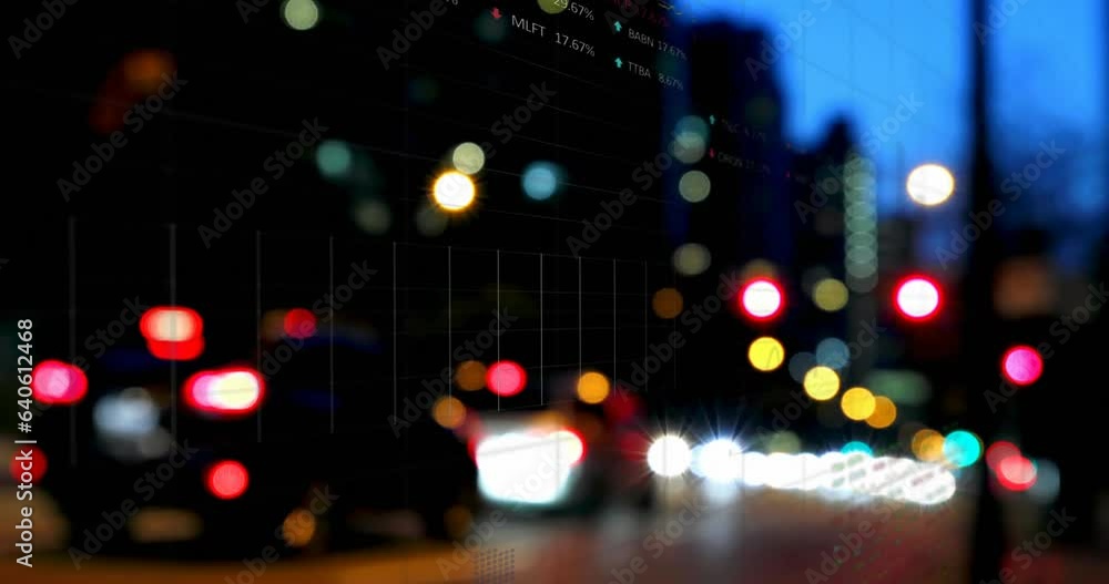 Animation of multiple graphs and stock market data moving over lens flares in city at night Animation of multiple graphs and stock market data moving over lens flares in city at night