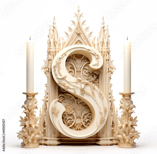 Gothic Cathedral-themed font, 3d render letter s surrounded by Altar Candle Cursive: A cursive script font inspired by the flickering candlelight on cathedral altars photo