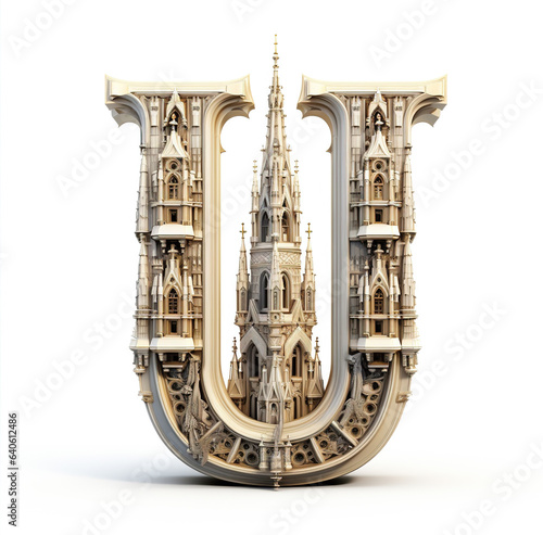 Gothic Cathedral-themed font  3d render letter u surrounded by Steeple Serif  The font mimics the tall