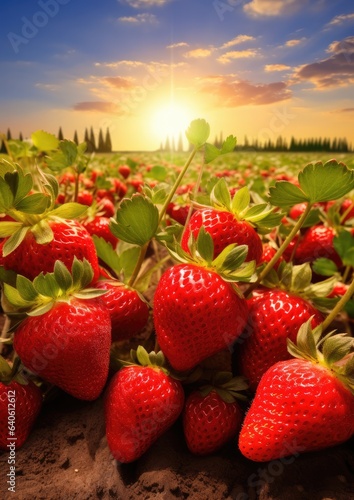 Red fresh strawberries in a row grow in the field, sunset light. Generative Ai.