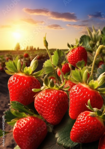 Red fresh strawberries in a row grow in the field, sunset light. Generative Ai.