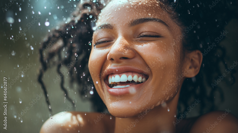 Water, rain, and a black woman with a joyful smile. Refreshing, refreshing, exhilarating, exciting, joyful, active, healthy.