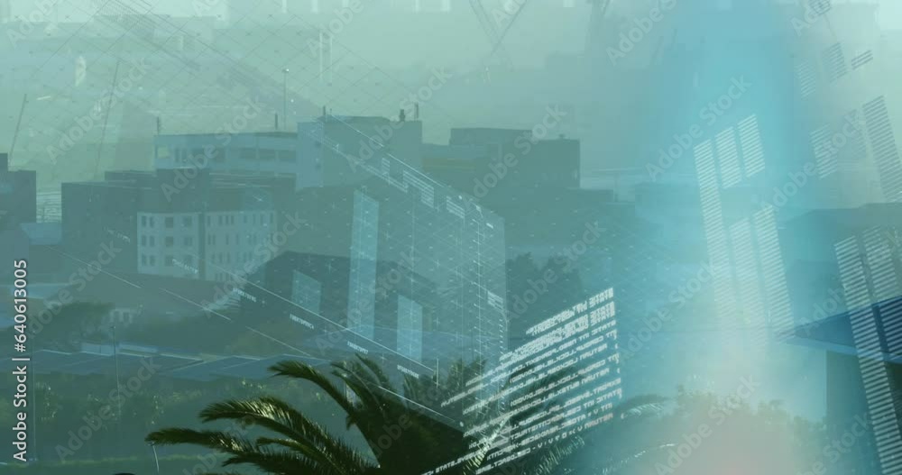 Animation of graphs with computer language and lights over houses in town against sky