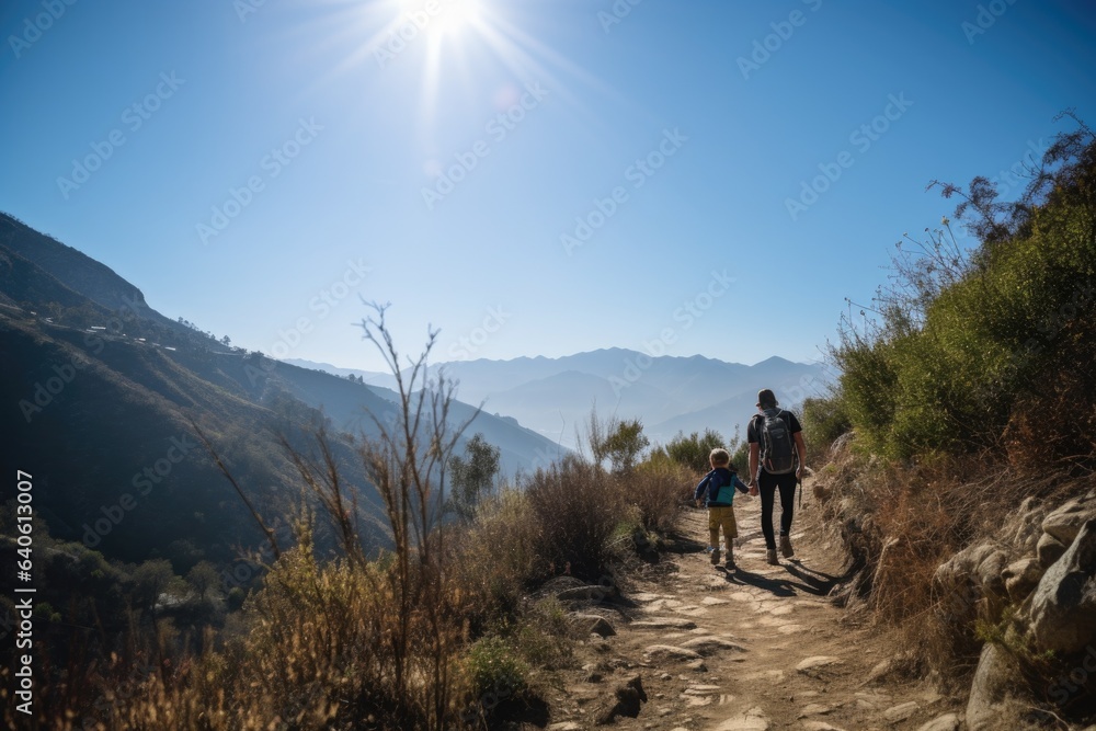 Father's Day. Son's day. Dad and child spending time together hiking along a scenic trail, with mountains and a clear blue sky in the background. Generative AI.