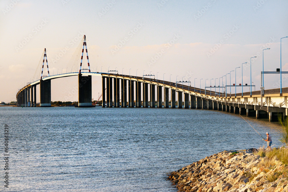 The cable-stayed Saint Nazaire Bridge, Le Pont Saint-Nazaire, spans the River Loire estuary. Brittany, France. Looking north