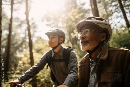 A boy son with his father or granfather enjoying a bike ride together. The background is a scenic trail or park. Active and adventurous spirit. Generative AI