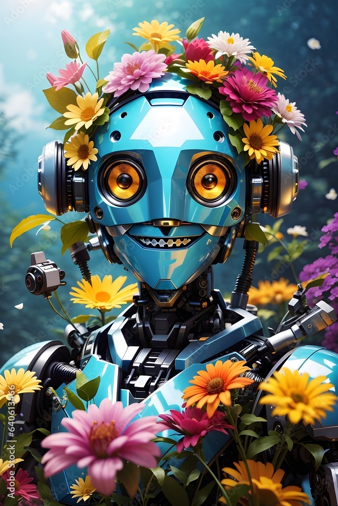 Floral Embrace Capturing the Joyful Grin of a Botanical Robot Ai Generative Floral Embrace Capturing the Joyful Grin of a Botanical Robot Ai Generative
