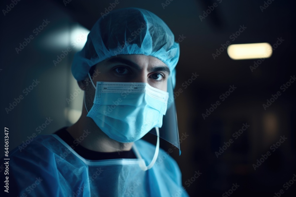 A doctor man wearing a surgical mask, performing a medical procedure with focus and precision in an operating room or sterile medical environment. Generative AI. A doctor man wearing a surgical mask, performing a medical procedure with focus and precision in an operating room or sterile medical environment. Generative AI.