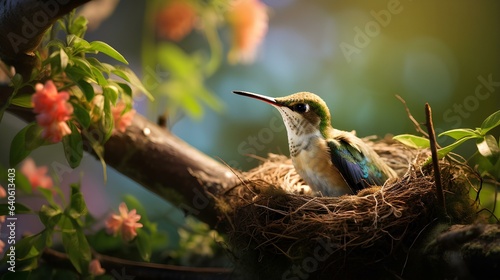 A small colorful hummingbird bird is sitting in the nest.