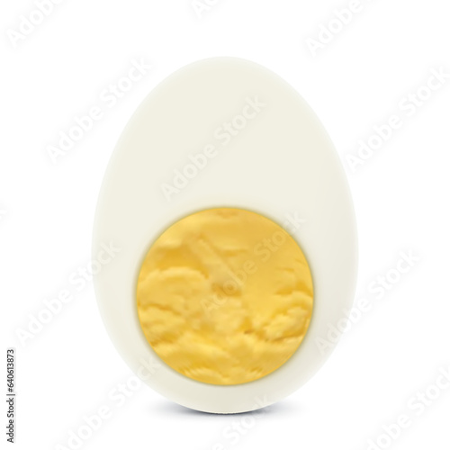 Half boiled egg isolated on white background. Top view. Egg in section. half a hard-boiled chicken egg. Realistic 3D vector illustration. Healthy food with high protein.
