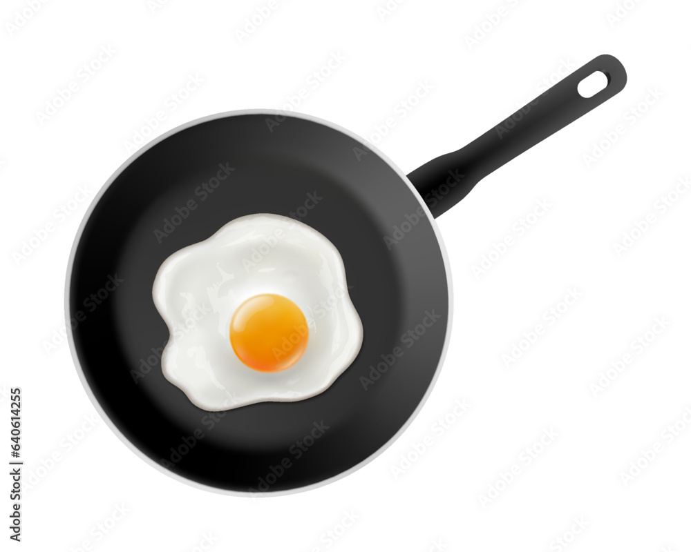 Tasty fried chicken eggs on frying pan isolated on white background. Scrambled eggs in a black non-stick pan Realistic 3d vector illustration Tasty fried chicken eggs on frying pan isolated on white background. Scrambled eggs in a black non-stick pan Realistic 3d vector illustration