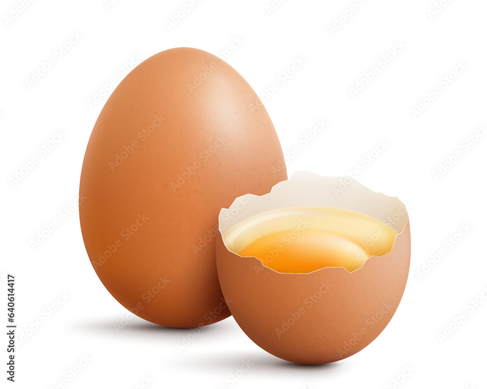 Raw eggs, whole and broken egg half with a yolk isolated on a white background. Brown сhicken egg smashed. Healthy diet. Realistic 3d vector illustration Raw eggs, whole and broken egg half with a yolk isolated on a white background. Brown сhicken egg smashed. Healthy diet. Realistic 3d vector illustration