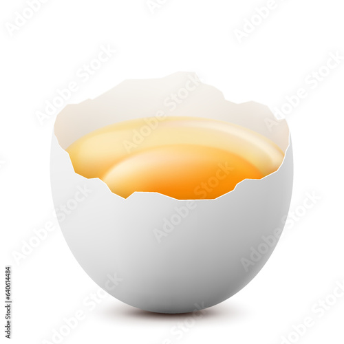 Broken chicken egg half with a yolk isolated on a white background. Raw ?hicken egg smashed. Healthy diet. Realistic 3d vector illustration