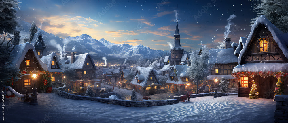 Winter Christmas landscape. Countryside view. Christmas holidays greeting card. Vacations concept with snowy hills, houses. Mountains ski resort, hotel. Winter scenery illustration. Generative AI - obrazy, fototapety, plakaty 