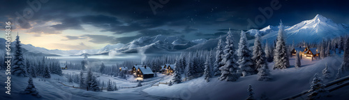 Winter Christmas landscape. Countryside view. Christmas holidays greeting card. Vacations concept with snowy hills, houses. Mountains ski resort, hotel. Winter scenery illustration. Generative AI