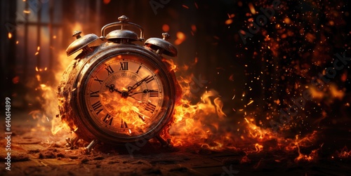 Burning alarm clock on fire background. Time is running out concept. 