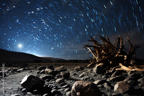 Miky way star trails and rocky landscape. Created using generative AI tools. photo