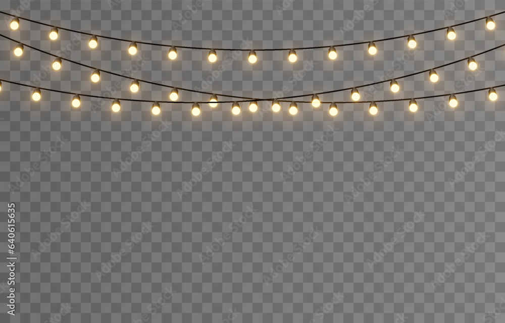 Vector Christmas lights. Christmas garland PNG. Christmas light PNG. Christmas decoration, LED lamps.
