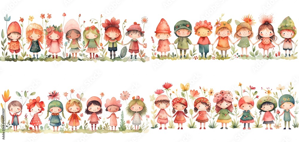 watercolor painting style illustration of cute young children play together in spring garden, Generative Ai - obrazy, fototapety, plakaty 