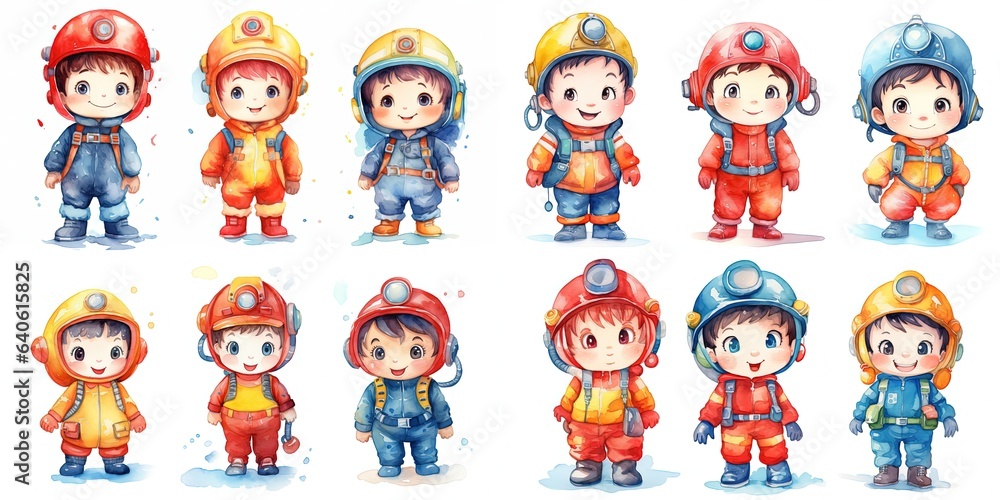 watercolor style illustration of cute boy wearing space pilot suit, collection set, Generative Ai